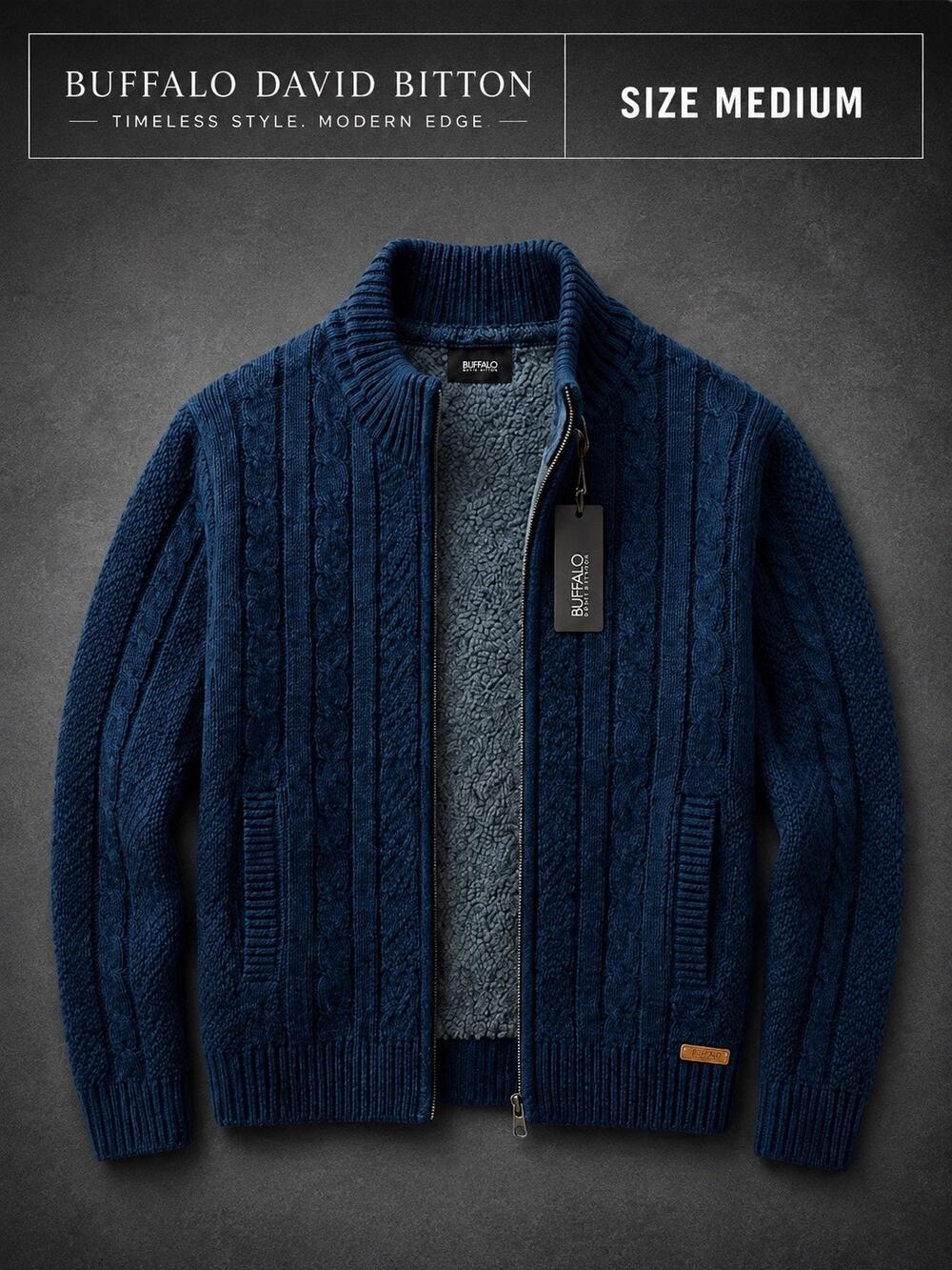 Buffalo David Bitton Sherpa Lined
Cable Knit Zip Sweater Jacket Mens M
NWT